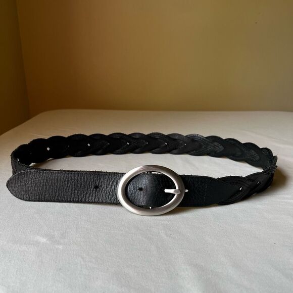 Talbots‎ Black Leather Woven Belt Silver Oval Buckle Casual Boho Western 36 - Picture 1 of 8